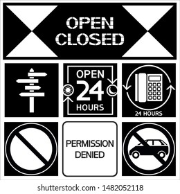 Open 24 hours a day. Set of characters.
Flat drawings, informative posters, black and white.