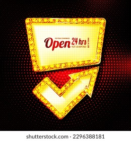 Open 24 hours. Golden banner with light bulbs. Vector illustration