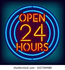 Open 24 hours neon sign. Glowing circles with text. Night store neon sign. Vintage glowing logo on a wooden signboard. Eps10 vector