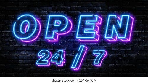 Open 24 hours neon sign vector design template. Open Shop neon text, light banner design element colorful modern design trend, night bright advertising, bright sign. Vector illustration