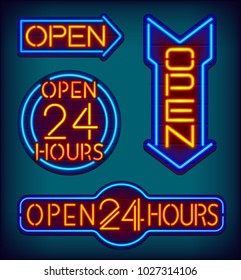 Open 24 hours neon signs. Night club glowing text on a wooden signboard. Neon arrows. Colorful glowing retro lights. Eps10 vector