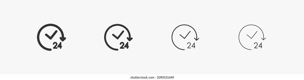 Open 24 hours per day icon set. Linear clock with arrow isolated on white background. Clock with 24 hours sign for service and support