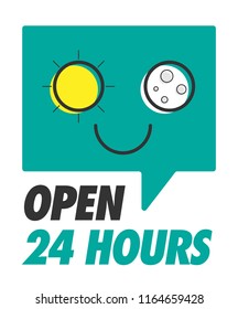 Open 24 Hours. Open Shop 24/7. Vector illustration of sun and moon abstract design