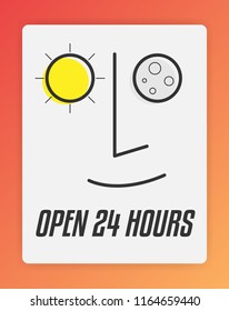 Open 24 Hours. Open Shop 24/7. Vector illustration of sun and moon abstract design. UI UX Design Concept