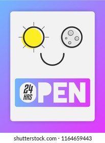 Open 24 Hours. Open Shop 24/7. Vector illustration of sun and moon abstract design. UI UX Design Concept