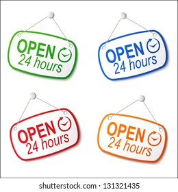 open 24 hours signs on white eps10 illustration