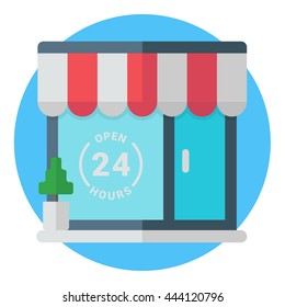 Open 24 hours storefront. Establishment, cafe, store, shop,market, public place. Modern colored flat vector illustration 