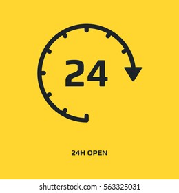 Open 24 hours vector icon. Non stop working shop or service symbol. All day working time sign. Opening times sign. Working around the clock. Store hours