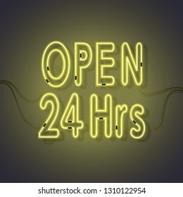 Open 24 hours yellow light neon label.(EPS art vector)