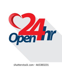 Open 24 hr heart style. Vector illustration.