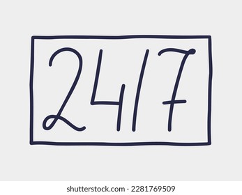 Open 24 slash 7 lettering. Icon to illustrate 24 hours in 7 days support. 24 hours service.
