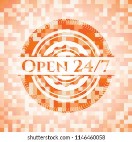 Open 24/7 abstract emblem, orange mosaic background