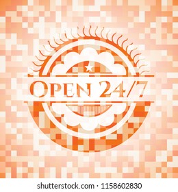 Open 24/7 abstract emblem, orange mosaic background