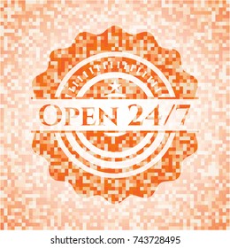 Open 24/7 abstract orange mosaic emblem with background