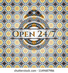 Open 24/7 arabic badge background. Arabesque decoration.