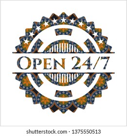 Open 24/7 arabic emblem. Arabesque decoration.