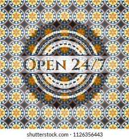 Open 24/7 arabic style badge. Arabesque decoration.