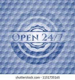 Open 24/7 blue badge with geometric pattern background.