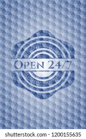 Open 24/7 blue emblem or badge with abstract geometric polygonal pattern background.