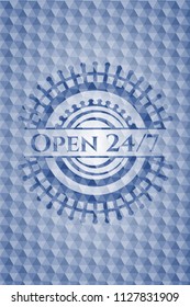 Open 24/7 blue hexagon emblem.