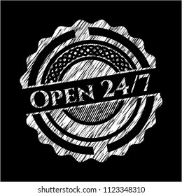 Open 24/7 chalkboard emblem written on a blackboard