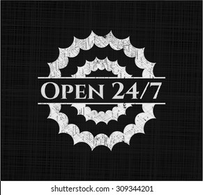 Open 24/7 chalkboard emblem written on a blackboard