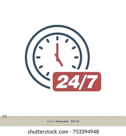Open 24/7 Clock Line Art Icon Vector Logo Template Illustration Design. Vector EPS 10.