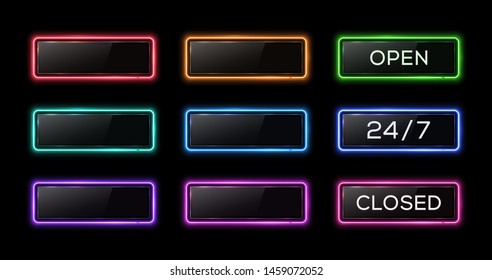 Open 24/7 closed neon sign. Colorful electric led lamp line square frames set on black background. Technology signboard with plastic texture glare plate. Bright retro 1980 style vector illustration.
