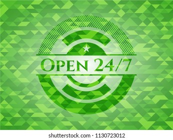 Open 24/7 green emblem with triangle mosaic background