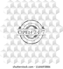 Open 24/7 grey emblem with geometric cube white background