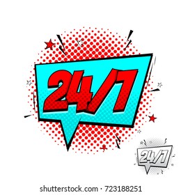 Open 24/7 Hours Blue and Red Comic Speech Bubble. Dynamic cartoon symbol isolated on white background. Vector Illustration in Pop Art Style.