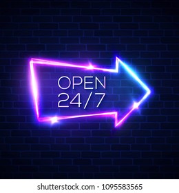 Open 24/7 hours neon light sign on brick wall background. 24 hours night club / bar electric street signage. Retro arrow pointer with neon effect. Brick texture vector illustration in 80s style.