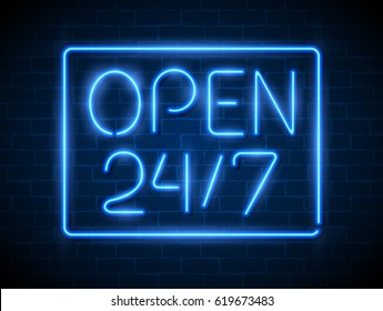 Open 24/7 Hours Neon Light on Brick Wall. 24 Hours Night Club / Bar Neon Sign. Vector Illustration.