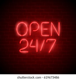 Open 24/7 Hours Neon Light on Brick Wall. 24 Hours Night Club / Bar Neon Sign. Vector Illustration.