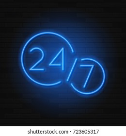 Open 24/7 Hours Neon Symbol Template. Modern Neon Blue Billboard on Brick Wall. Concept of Glowing Sign for 24 Hours Night Club or Bar.