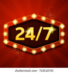 Open 24/7 Hours red Retro Symbol. Retro Banner with Glowing Lamps. Vector illustration in vintage style.