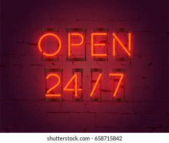 Open 24/7 hours sign on brick wall background. Realistic glowing neon inscription. Vector