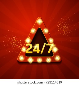 Open 24/7 Hours triangle Retro Symbol. Retro Banner with Glowing Lamps. Vector illustration in vintage style.