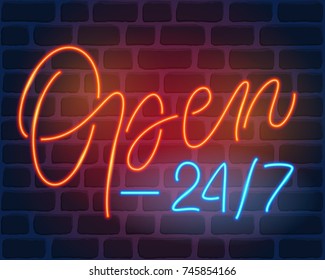 Open 24/7 neon light on dark brick wall background. Night club, cafe, bar or store sign. Vector illustration