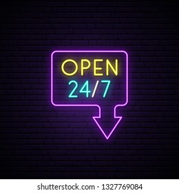 Open 24/7 neon sign. Light vector banner. Realistic glowing design element in arrow frame for around clock open Club, Bar, Cafe or Store. Vector illustration.