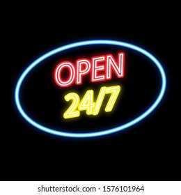 Open 24/7 neon sign on a black background.