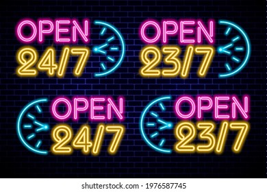 Open 24\7 neon signboard design template for bar, store, club, cafe.