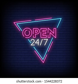 Open 24/7 Neon Signs Style Text Vector