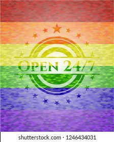 Open 24/7 on mosaic background with the colors of the LGBT flag