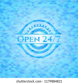 Open 24/7 realistic light blue emblem. Mosaic background