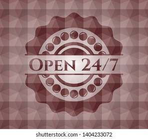 Open 24/7 red badge with geometric pattern. Seamless.