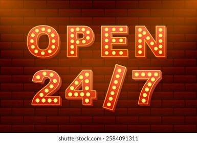 Open 247 sign with light bulbs on a brick wall background