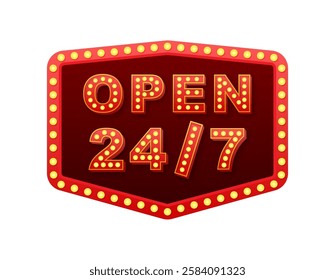 Open 247 sign with light bulbs advertising nonstop service