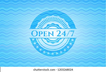Open 24/7 water wave representation emblem background.