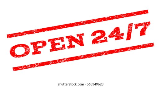 Open 24-7 watermark stamp. Text caption between parallel lines with grunge design style. Rubber seal stamp with unclean texture. Vector red color ink imprint on a white background.